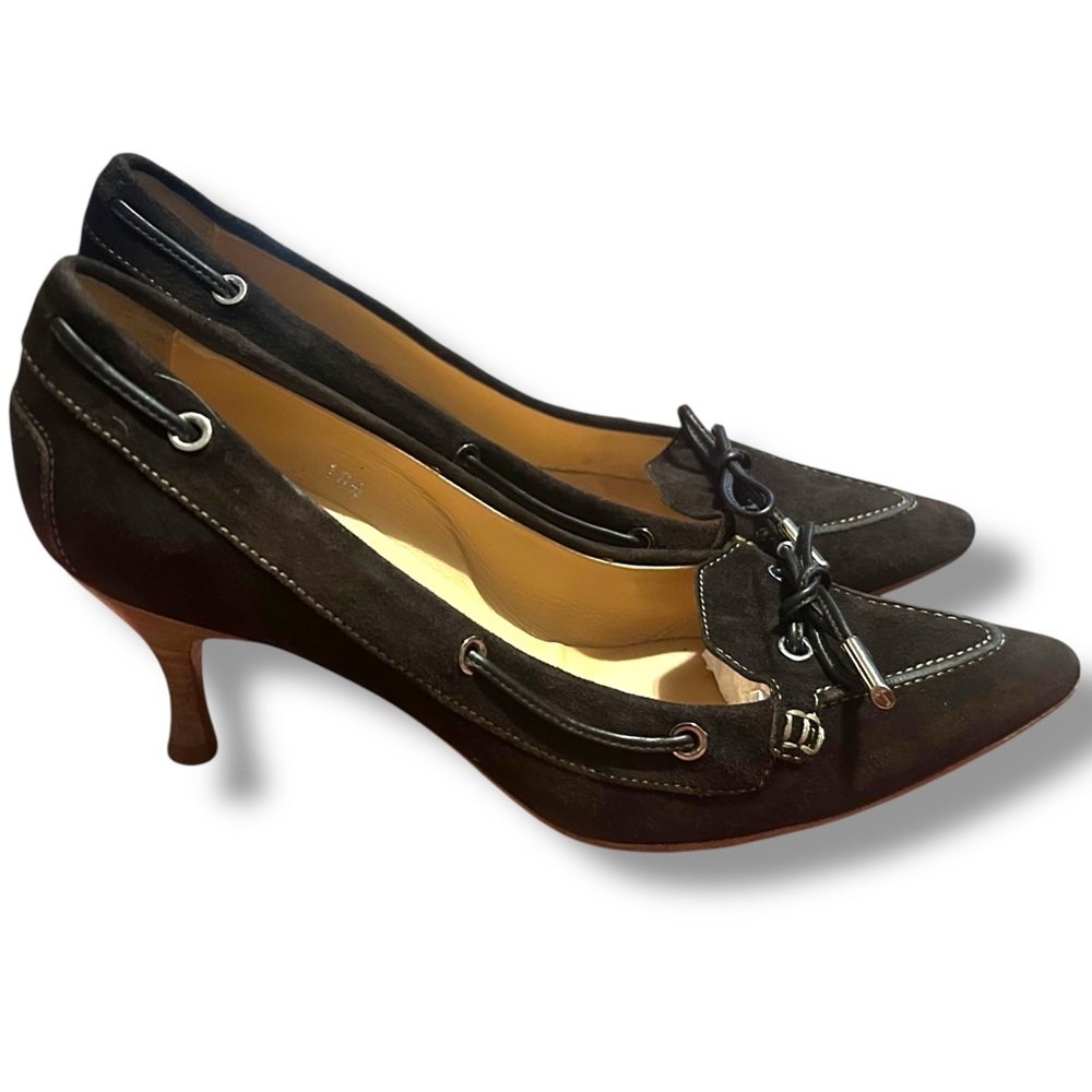 TOD'S 10.5‎ vintage brown suede pointed toe kitten heels pump tie bow 90s Y2K